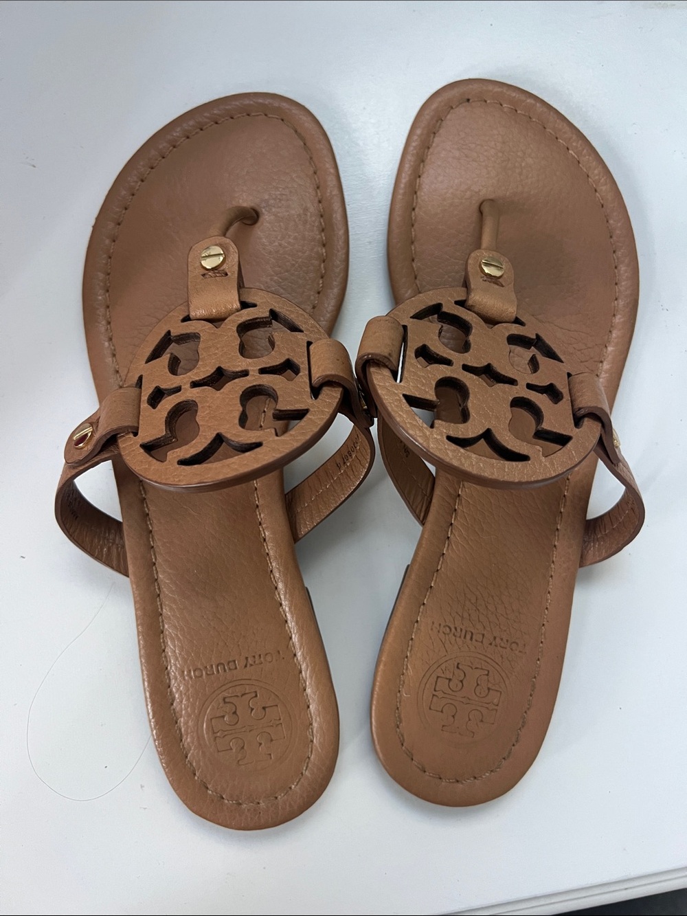 Tory Burch Tan Leather Logo Thong Sandals